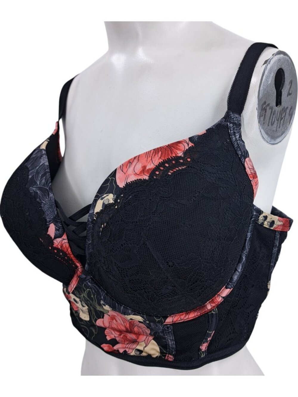 Torrid Bustier Lace Underwire Bra Size 40DD Black Skull Roses Goth Biker Cosplay